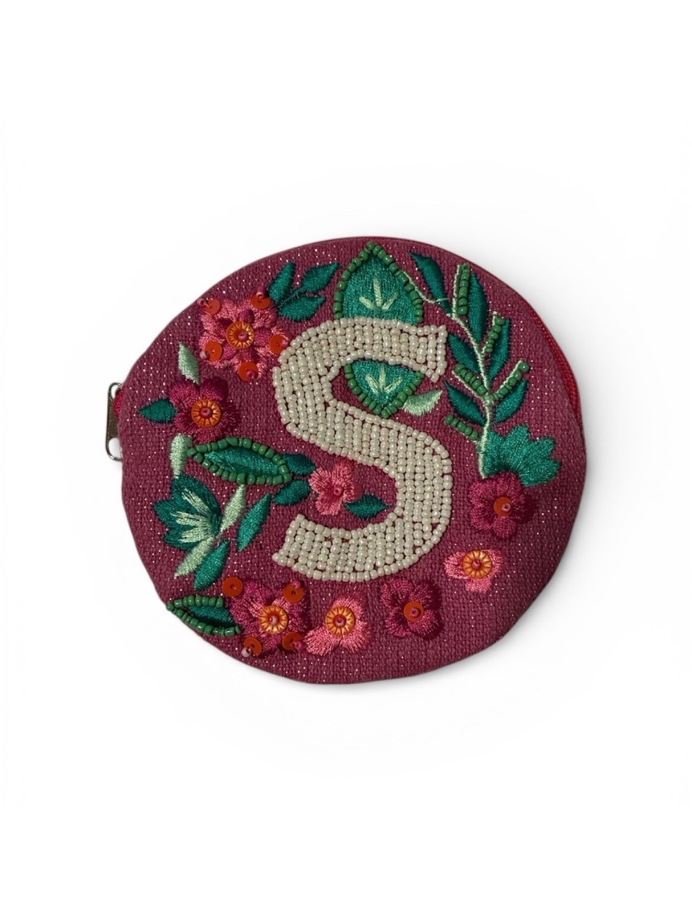 Embroidered Round Floral Coin Purse with Initial S Purple